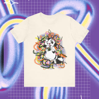 A t-shirt with a cartoonish racoon looking animal holding a sushi bite with graffiti backround and on the back of the shirt there is a pair of chopsticks and graffiti