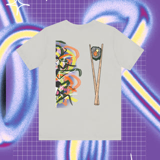 A t-shirt with a cartoonish racoon looking animal holding a sushi bite with graffiti backround and on the back of the shirt there is a pair of chopsticks and graffiti