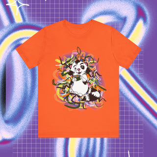 A t-shirt with a cartoonish racoon looking animal holding a sushi bite with graffiti backround and on the back of the shirt there is a pair of chopsticks and graffiti