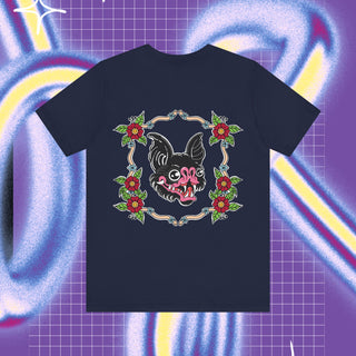 a t-shirt design, on the front there are two bats, one black,one withe, on the back there is a traditional tattoo style bat in a flowerframe