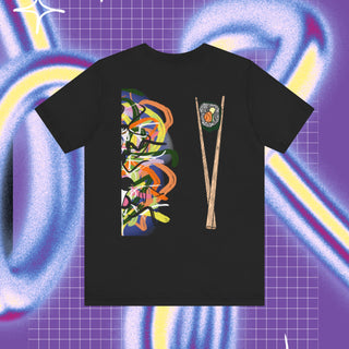 A t-shirt with a cartoonish racoon looking animal holding a sushi bite with graffiti backround and on the back of the shirt there is a pair of chopsticks and graffiti