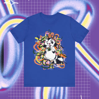 A t-shirt with a cartoonish racoon looking animal holding a sushi bite with graffiti backround and on the back of the shirt there is a pair of chopsticks and graffiti