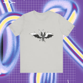 a t-shirt design, on the front there are two bats, one black,one withe, on the back there is a traditional tattoo style bat in a flowerframe